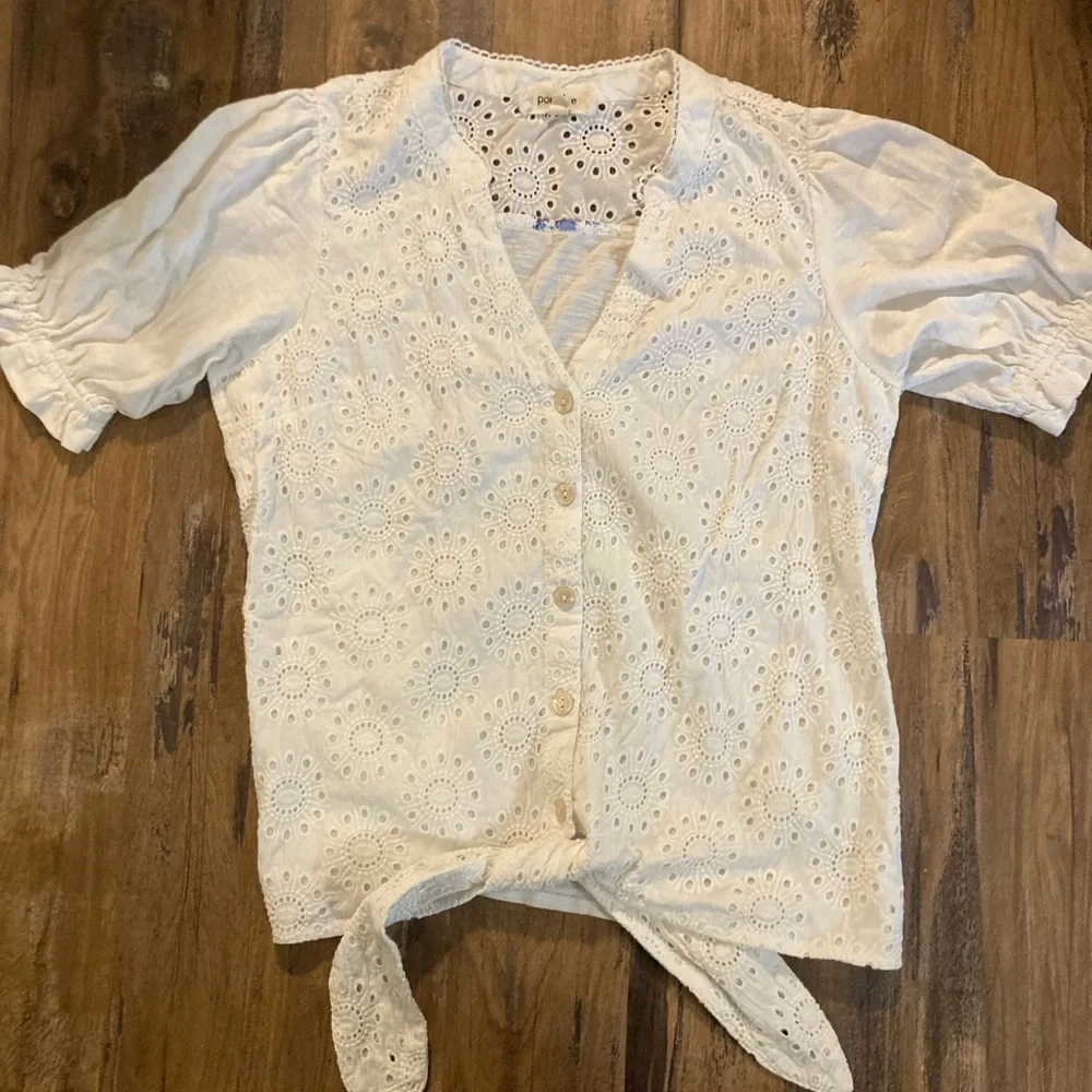 Anthropologie | Porridge Zulu White Eyelet Button-Front Tie-Hem Blouse EUC Sz S